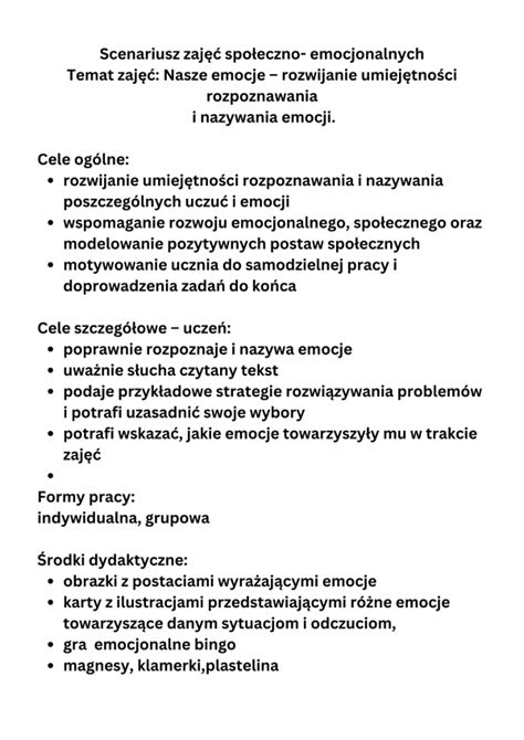 Gotowy Konspekt Na Rewalidacje Zaj Cia Pokazowe O Emocjach Pomys Owa