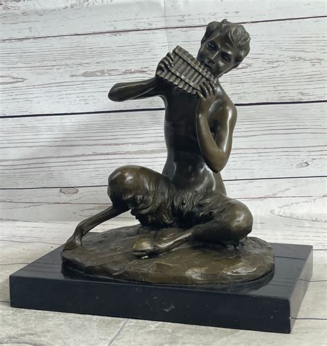Charlton Home Nude Greek Faun Satyr Playing Pan Flute Bronze Sculpture Statue On Marble Base
