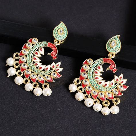 Fabula Red Green Meenakari Enamel Peacock Design With Kundan Pearls