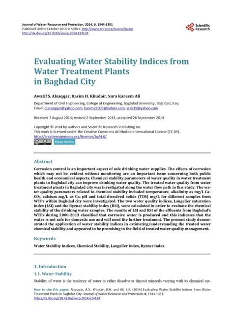 Evaluating Water Stability Indices From Water Treatment Plants In