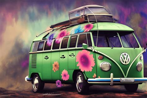 Volkswagen Bus Hippie Style Flowers Power D Art Watercolors