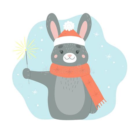 Vector Cute Black Bunny In Santa Hat And Scarf With Bengal Fire Cartoon Illustration Of A