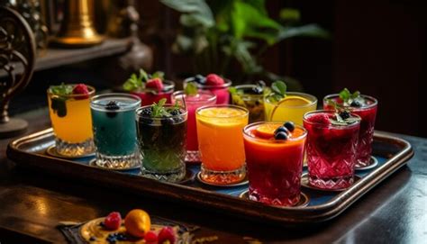 Premium Ai Image Vibrant Cocktail Variations Adorn The Wooden Table At The Bar Generated By