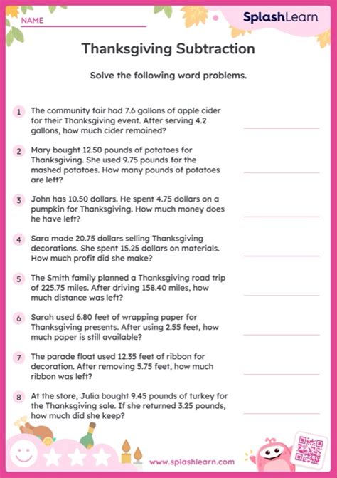 Subtract Decimal Numbers With Upto 2 Decimal Place Thanksgiving Word Problems — Printable Math