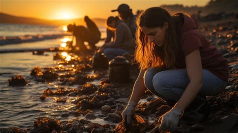 Voluntarios recogiendo residuos plásticos del mar Foto Premium