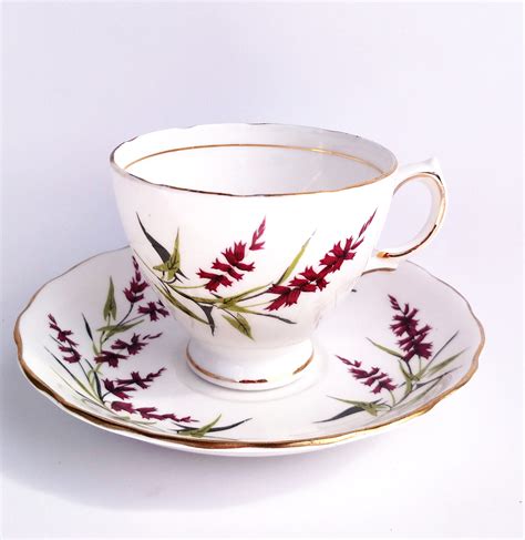 Vintage Colclough Bone China Tea Cup And Saucer Set In White With Simple Red Floral Design