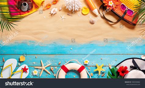 Beach Accessories On Tropical Sand Wooden Stock Photo 1983590882 ...