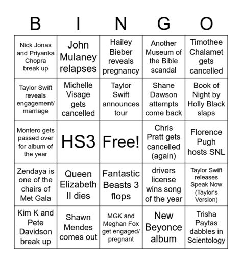 Pop Culture Bingo Card