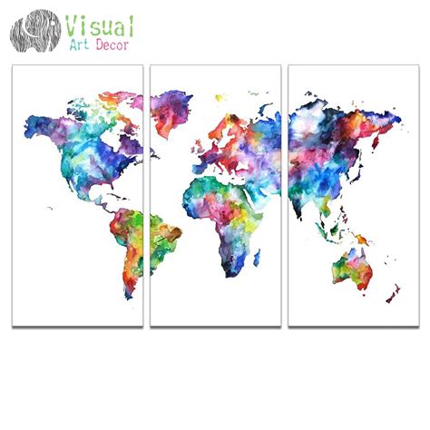 World Map Canvas Art Water color Map Poster Printed on Canvas 3 Panel Canvas Art World Map Decal ...