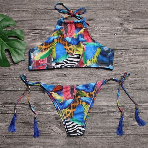Vintage Print Women Sexy Bikini Two Piece Side Ties Swimwear
