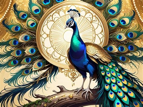 A Peacock Sitting On Top Of A Tree Peacock Exquisite Digital Art Golden