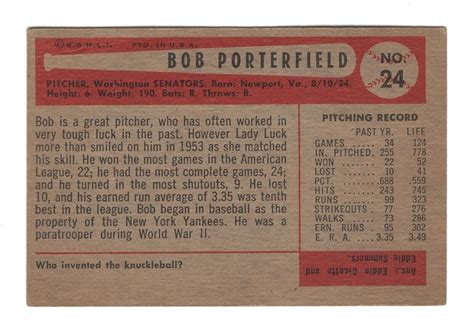 Bowman Baseball Card Bob Porterfield Washington Senators Ebay