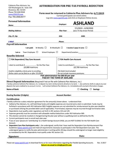 Fillable Online Fsa Enrollment Form Fillable Ashland Ma Fax Email