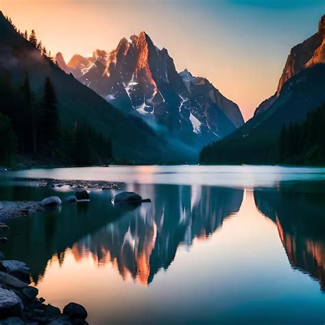 Um lago de montanha céu azul e nuvens refletidas na água parada de