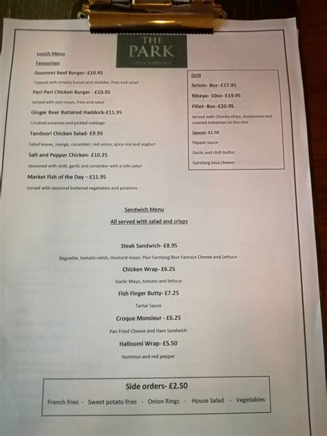 Menu At The Park Hotel Pub And Bar Blackburn