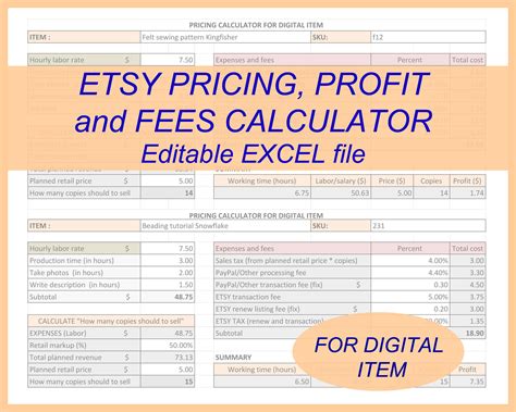 Pricing, Profit and Fees calculator for Digital item; ETSY seller tool