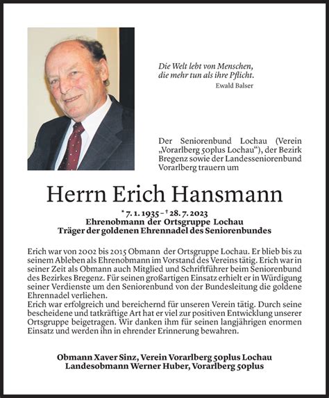 Todesanzeigen Von Erich Hansmann Todesanzeigen Vorarlberger Nachrichten