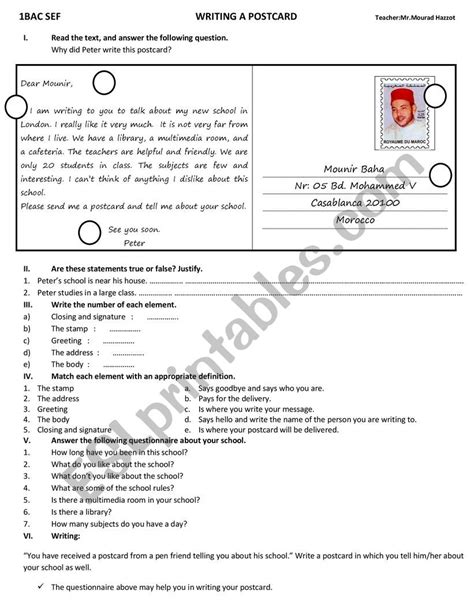 WRITING A POSTCARD ESL Worksheet By Mouradovich