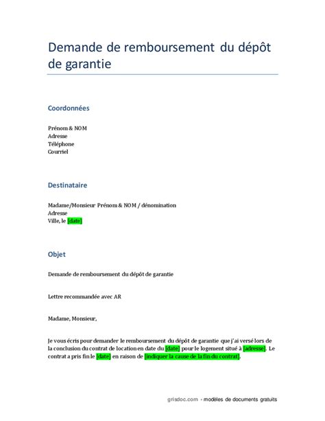 Demande De Restitution Du D P T De Garantie T L Chargement Gratuit