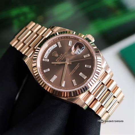 Unworn 2021 Rose Gold Factory Baguette Diamond Chocolate Dial Rolex Day