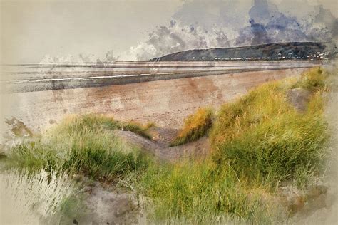 Watercolour Painting Of Evening Summer Landscape Over Grassy Sand Dunes