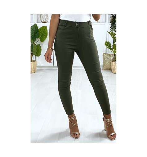 Pantalon Slim Kaki Pour Femme Avec Poches Avant Et Arrière