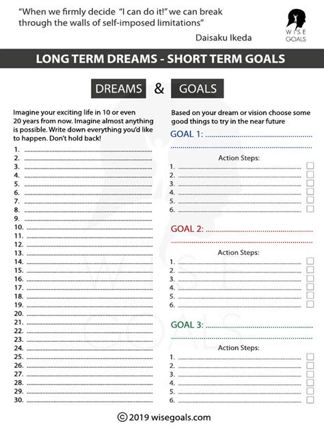 Wisegoals Long Term Dreams Short Term Goals Worksheet 2019 Pdf