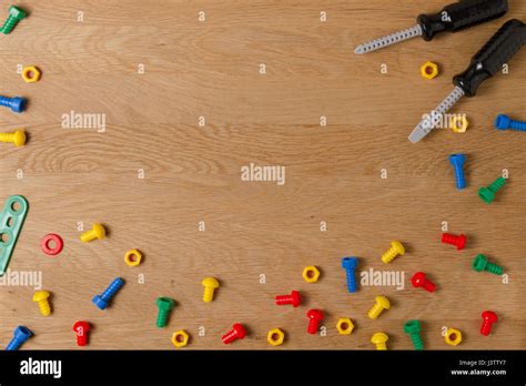 Kids Toys Background Frame Boarder With Colorful Toy Tools On Wooden