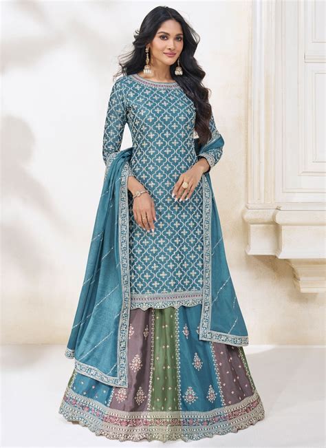 Buy Blue Chinon Readymade Lehenga Choli With Lehenga Choli