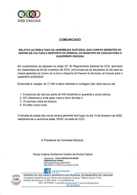 COMUNICADO DOS RESULTADOS DA ASSEMBLEIA ELEITORAL CCDPM Cascais