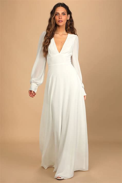 Long Sleeve Floor Length White Dresses