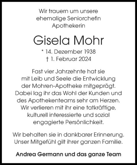 Traueranzeigen Von Gisela Mohr Aachen Gedenkt