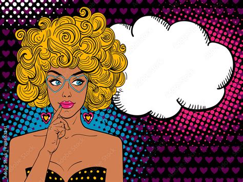 Pop Art Female Face Sexy Surprised Sun Tanned Woman With Finger Near Her Mouth Smile Blonde