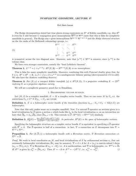 Lect17 Hodge Diamond Hard Lefschetz Theorem Holomorphic Vector