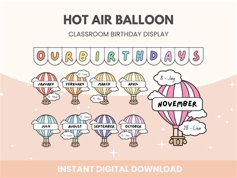 Hot Air Balloon Classroom Birthday Display Class Birthday Bulletin Board Display Rainbow