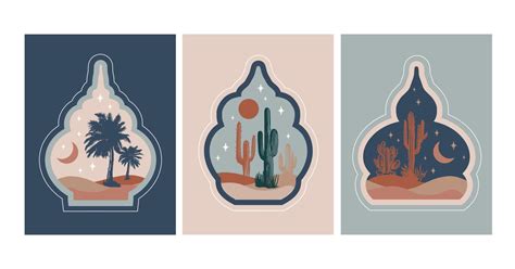 Collection Of Oriental Style Islamic Windows Palm Trees Cactus And