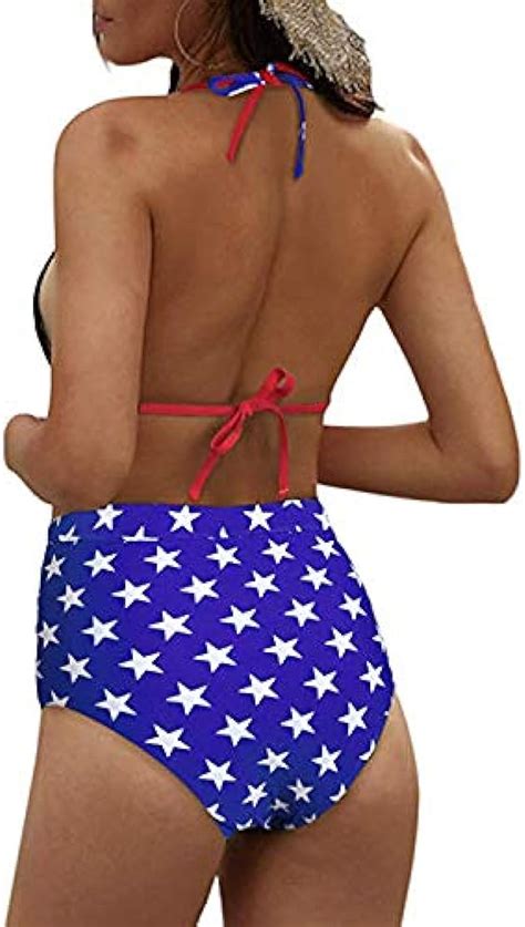 American Flag High Neck Halter Bikini Top Tie Side Scrunch Bottoms