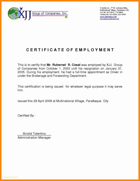 Sample Certificate Of Employment For Private Caregiver With Regard To Template Of Certificate Of