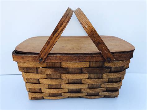 Antique Wooden Woven Picnic Basket Old Primitive Picnic Etsy Picnic