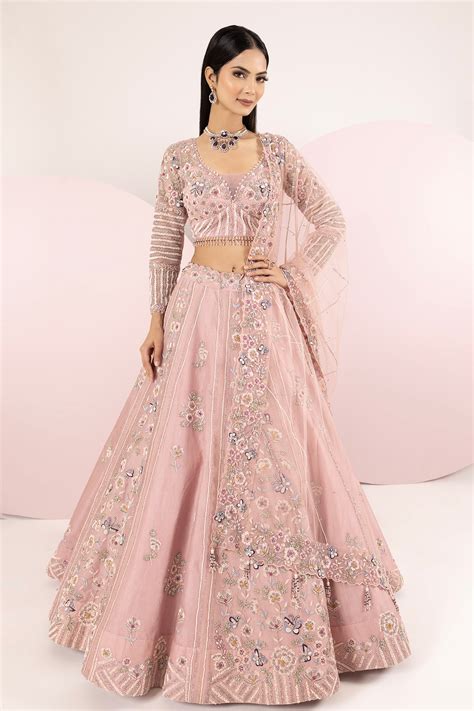 Buy Pink Organza Embroidery Sequins Scoop Neck Floral Resham Lehenga