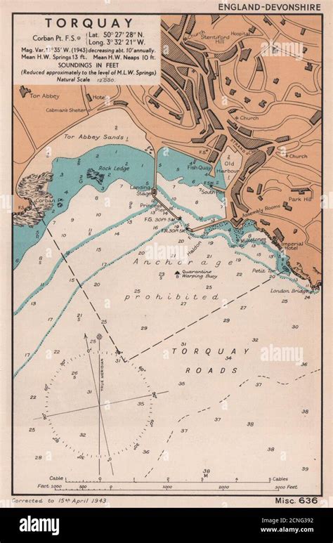 Torquay Town Plan And Sea Coast Chart Devon Admiralty 1943 Old Vintage