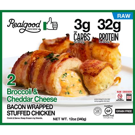 Realgood Raw Bacon Wrapped Broccoli And Cheddar Cheese Stuffed Chicken 2 Count 12 Oz