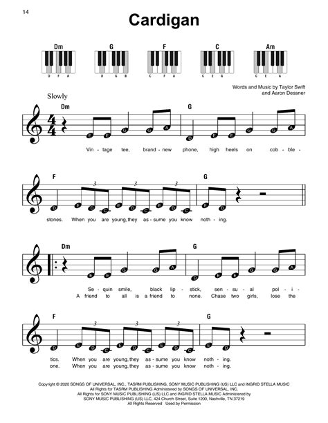 cardigan by Taylor Swift Sheet Music for Super Easy Piano at Sheet Music Direct