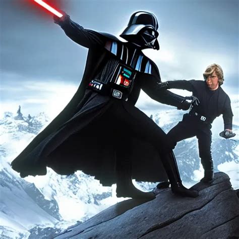 Darth Vader Fighting Luke Skywalker On Top A Mountain Stable