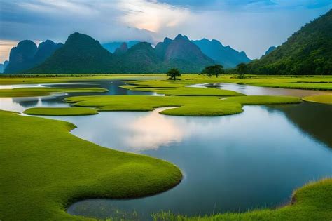 Premium AI Image | a landscape of green marshy land with mountains in ...