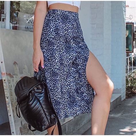 Leopard Print Side Split Women Midi Skirt Summer Streetwear High Waist