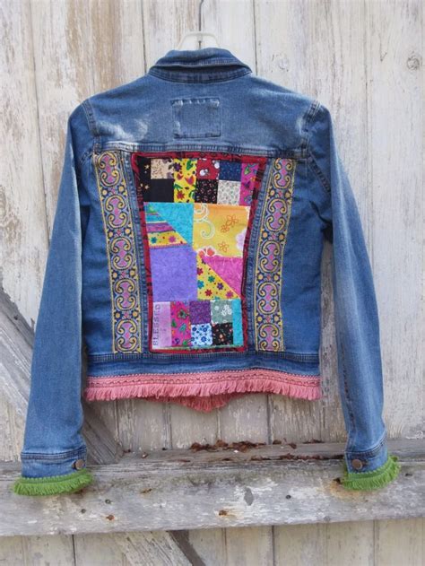 Bright Bold Fringed Patchwork Denim Jacket In 2024 Blue Jeans Crafts