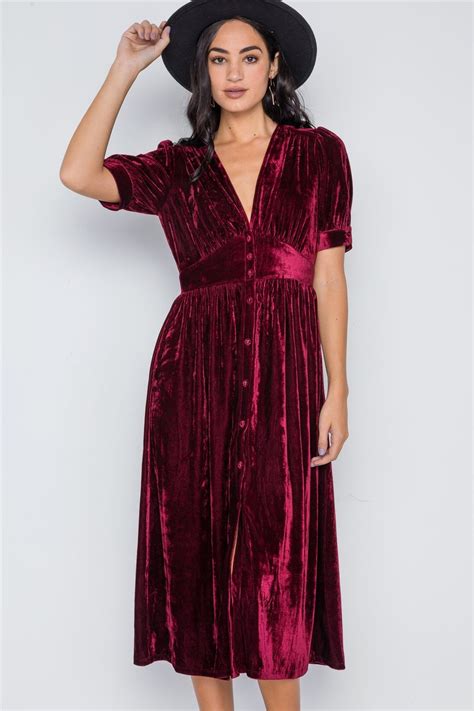 Burgundy Velvet Short Sleeve Button Down Midi Dress With Images