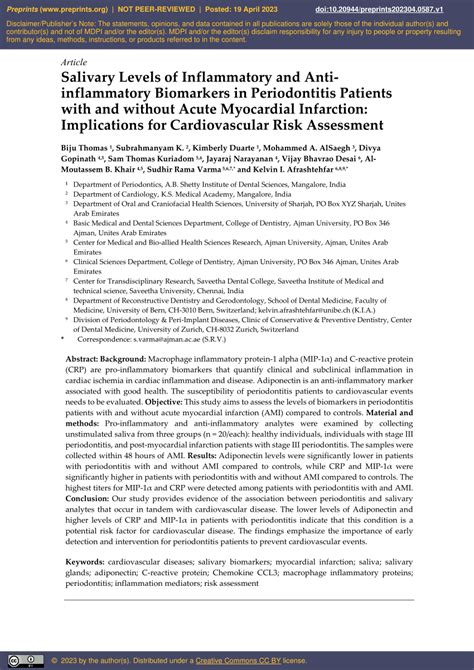 PDF Salivary Levels Of Inflammatory And Anti Inflammatory Biomarkers