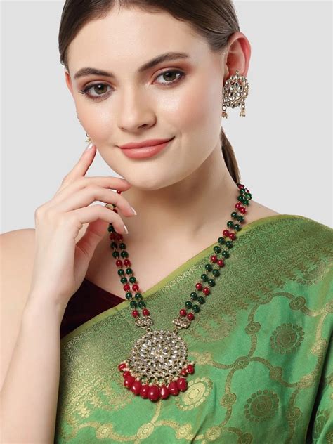 Buy Karatcart Gold Plated Red And Green Beads Kundan Rani Haar Necklace